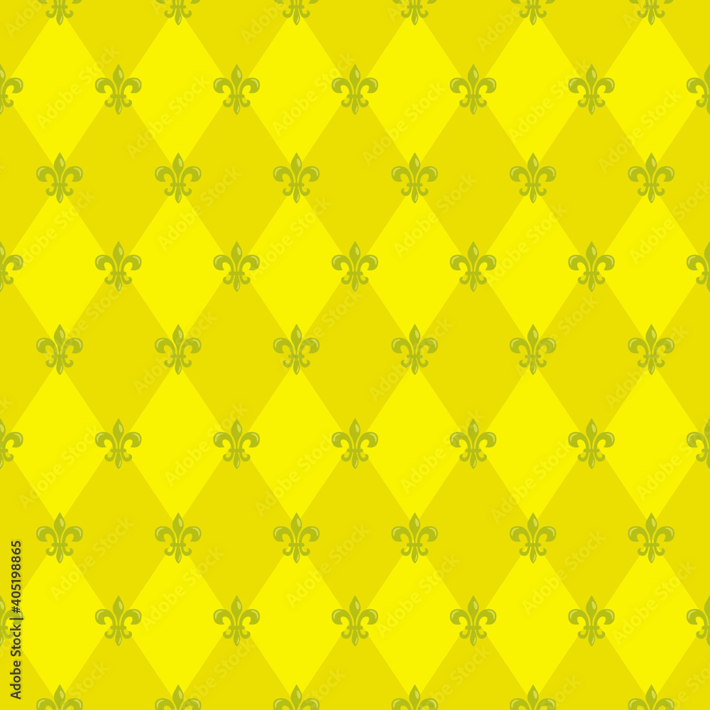 Mardi Gras seamless pattern with Fleur De Lis; yellow rhombuses; holiday background for greeting cards, invitations, posters, banners.