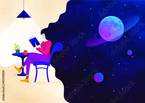 Woman reading in a chair, letting her imagination running lose.