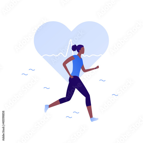 Run exercise workout concept. Vector flat illustration. Young african american female runner in sport training outfit. Heart shape with heartbeat symbol. Healthy lifestyle.