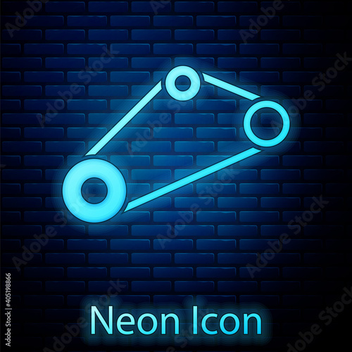 Glowing neon Timing belt kit icon isolated on brick wall background. Vector.