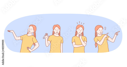 Woman expressing emotions concept. Young woman cartoon character pointing aside, thinking with doubt, waving and greeting with hand, showing positive attitude and smiling