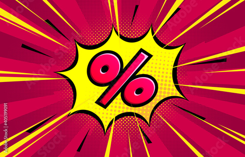 Halftone pop art comic background. Speech bubble with percent sign. Stock vector illustration.