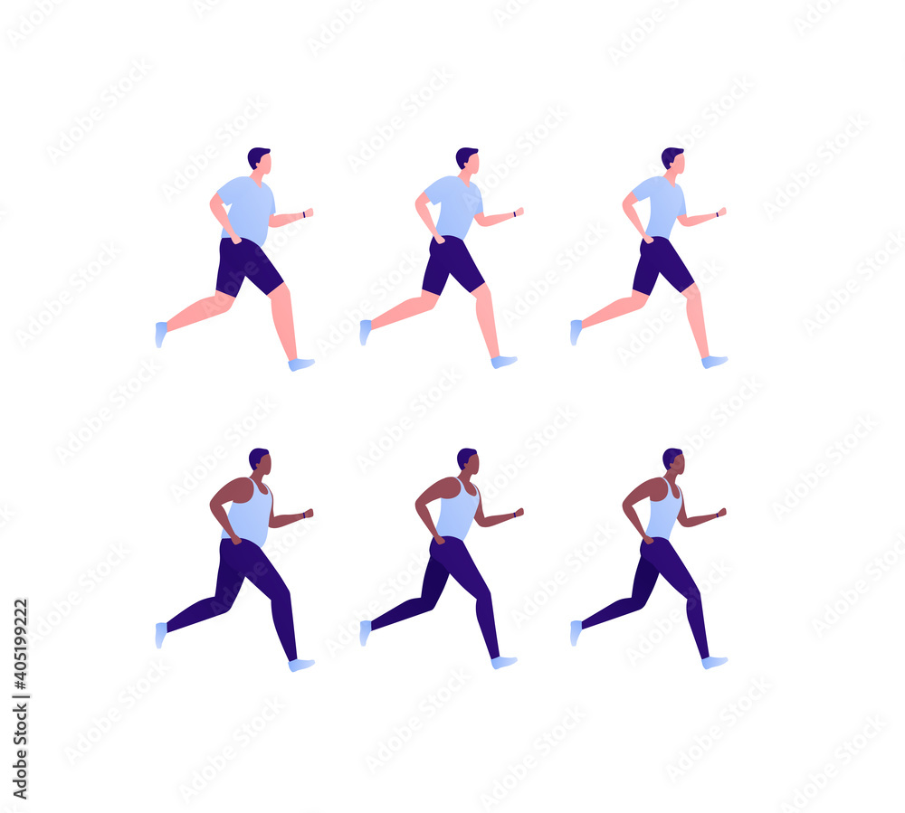Run exercise workout concept. Vector flat illustration set. Collection of caucasian and african american ethnic young male runner isolated on white. Design element for marathon, fitness, sport.