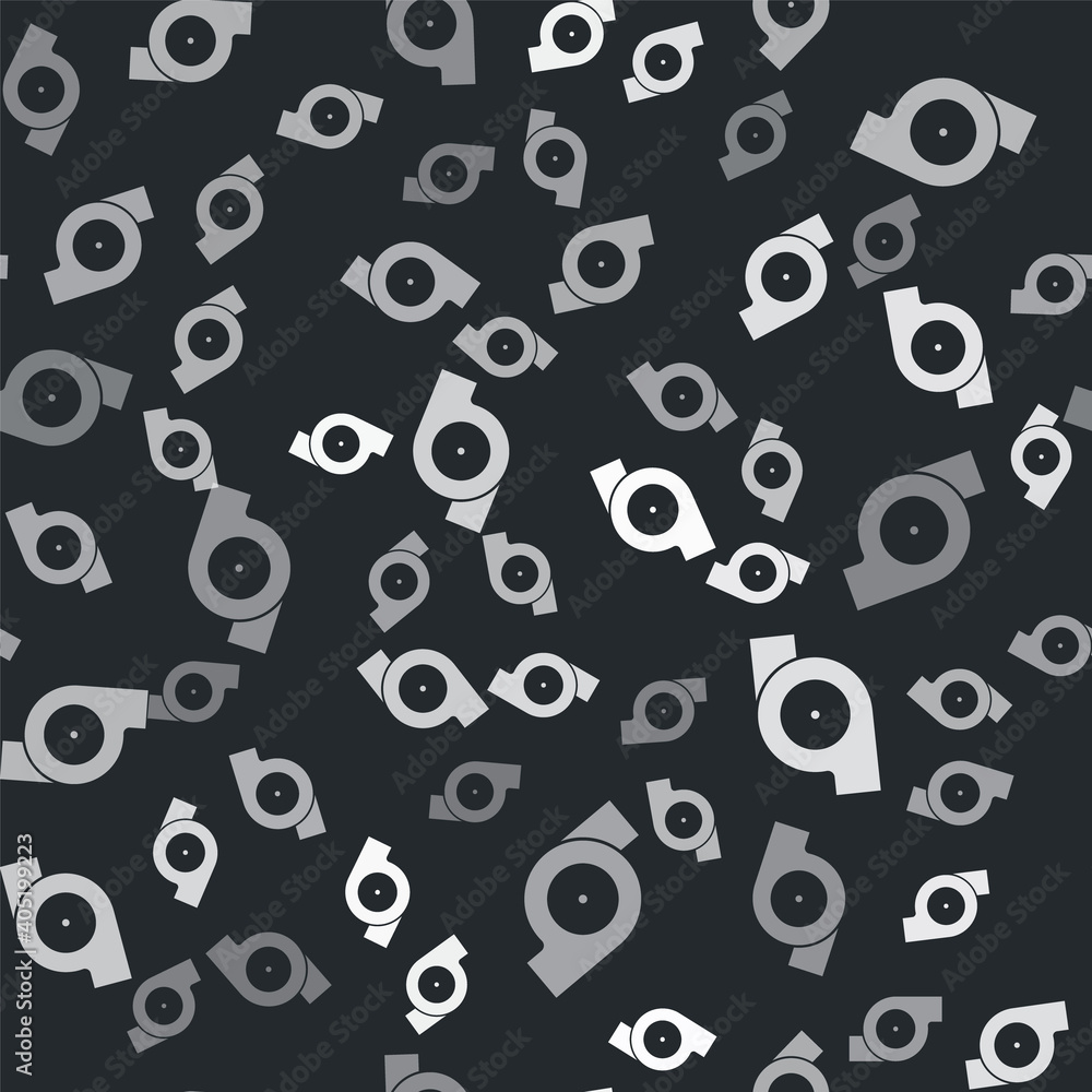 Grey Automotive turbocharger icon isolated seamless pattern on black background. Vehicle performance turbo. Turbo compressor induction. Vector. Grey Automotive turbocharger icon isolated seamless pattern on black background. Vehicle performance turbo. Turbo compressor induction. Vector.