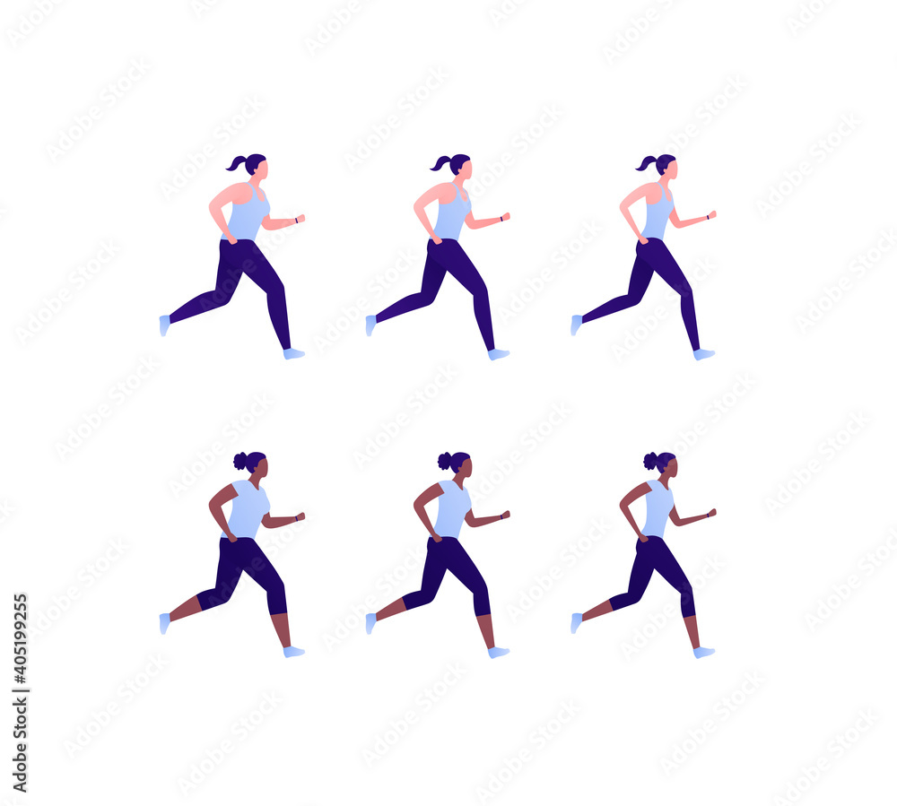 Run exercise workout concept. Vector flat illustration set. Collection of caucasian and african american ethnic young female runner isolated on white. Design element for marathon, fitness, sport.