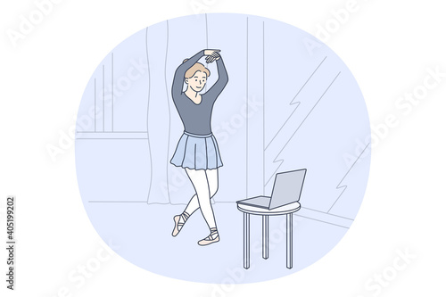 Online workout, ballet, dance concept. Young happy woman ballerina cartoon character exercising and practicing ballet at home with laptop and distant lesson on screen
