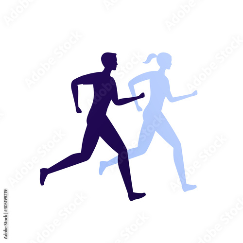 Run exercise workout concept. Vector flat icon illustration. Young male and female runner silhouette isolated on white background. Design element for marathon, sprint, sport.