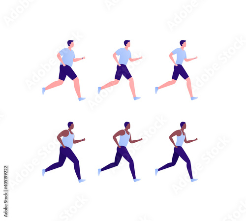 Run exercise workout concept. Vector flat illustration set. Collection of caucasian and african american ethnic young male runner isolated on white. Design element for marathon  fitness  sport.