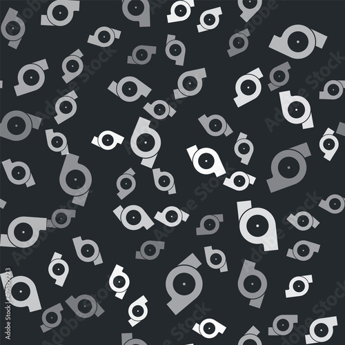 Grey Automotive turbocharger icon isolated seamless pattern on black background. Vehicle performance turbo. Turbo compressor induction. Vector.