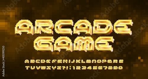 Arcade Game alphabet font. Pixel letters and numbers in 80s style. Pixel background. 80s video game typescript.