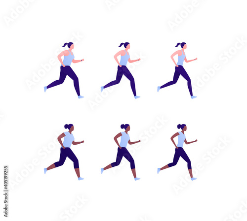 Run exercise workout concept. Vector flat illustration set. Collection of caucasian and african american ethnic young female runner isolated on white. Design element for marathon, fitness, sport.