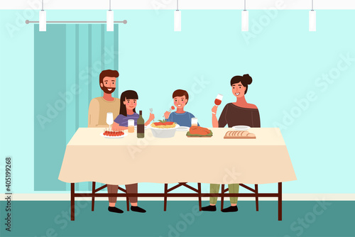 Italian family at home vector illustration. Dining table with pasta and snack. Arrangement of furniture. People eating italian food in apartment. Parents drink wine. Children with forks in their hands