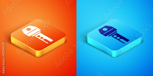 Isometric Car key with remote icon isolated on orange and blue background. Car key and alarm system. Vector.