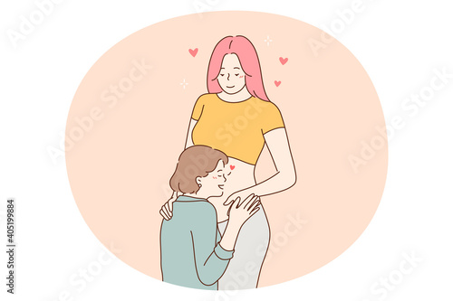 Happy pregnancy and maternity concept. Young positive pregnant woman cartoon character standing and feeling love and support of touching belly mother and friend vector illustration