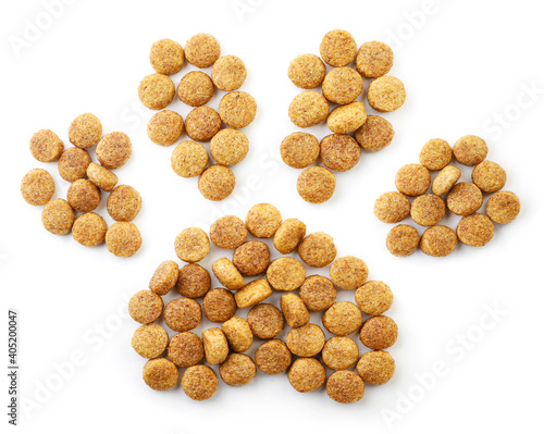 Dog food lined paw footprint on a white. Top view