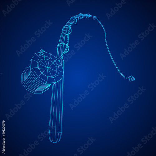 Fishing rod with line sinker and hook. Wireframe low poly mesh vector illustration.
