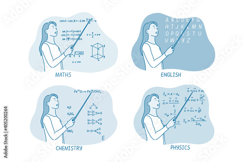Education, teacher, classroom concept. Young woman teacher of maths english chemistry physics explaining information and pointing at blackboard during lesson in college or university illustration 
