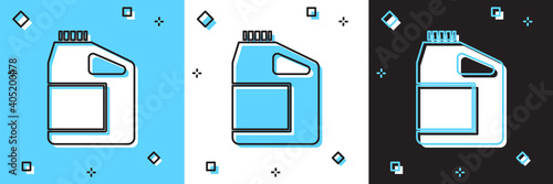 Set Canister for motor machine oil icon isolated on blue and white, black background. Oil gallon. Oil change service and repair. Engine oil sign. Vector.