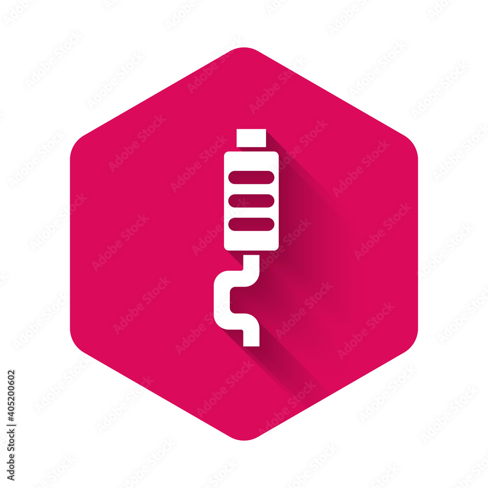 White Car muffler icon isolated with long shadow background. Exhaust pipe. Pink hexagon button. Vector. White Car muffler icon isolated with long shadow background. Exhaust pipe. Pink hexagon button. Vector.