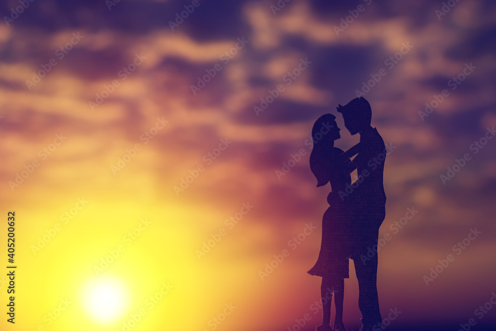 Valentines day concept,Paper cutting technique silhouette young couple on sunset background.