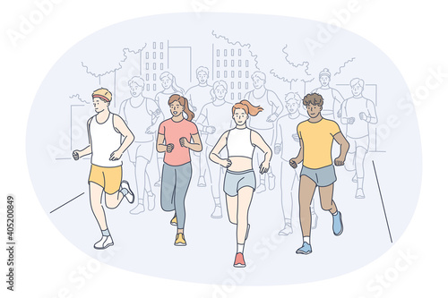 Athletics, running, marathon competition concept. Young people sportsmen athletes taking part in running sport marathon outdoors in summer. Active healthy lifestyle and training illustration 