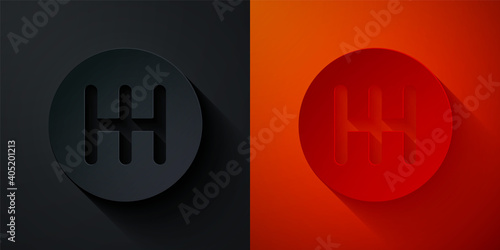 Paper cut Gear shifter icon isolated on black and red background. Transmission icon. Paper art style. Vector.