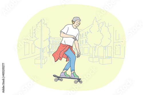 Sport, Healthy active lifestyle, leisure hobby concept. Man cartoon character enjoying riding skateboard in park on summer illustration. Recreation, activity, entertainment, fitness, fun 
