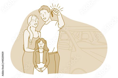 New car, purchase, happiness concept. Happy family with daughter standing all together and holding keys from new car vehicle in hand feeling excited and cheerful vector illustration 