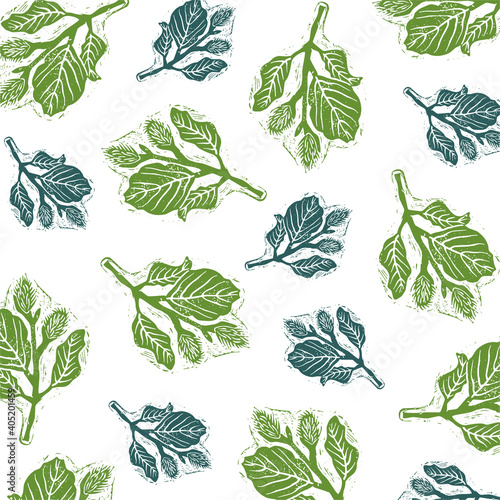 Vector pattern of green and blue beech leaves.