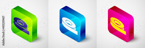 Isometric Scotch tape icon isolated on grey background. Insulating tape. Square button. Vector.
