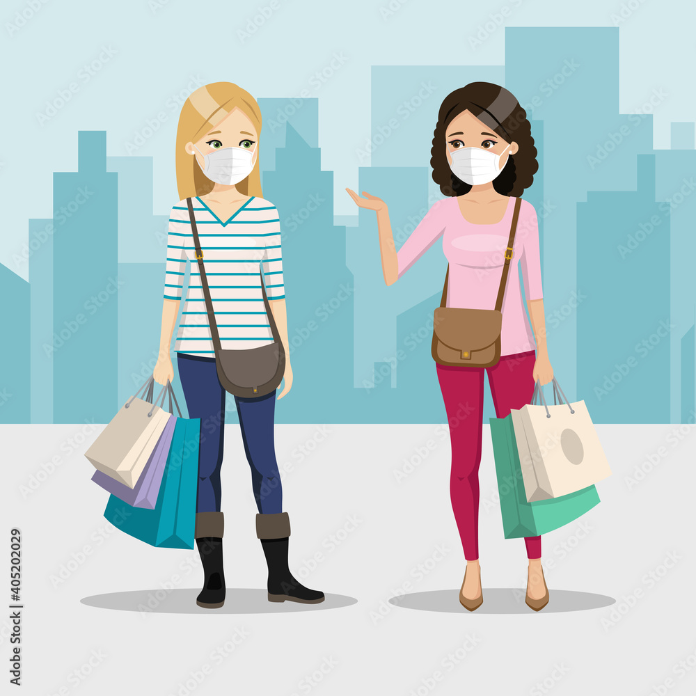 Friends shopping day with mask on a city background. Two happy women. People vector illustration Friends shopping day with mask on a city background. Two happy women. People vector illustration