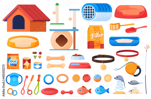 Pet goods, Huts for cats, a doghouse, toys for animals, Food for animals. Vector illustration
