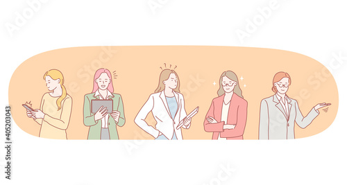 Office worker, businesswoman, using gadgets concept. Young women workers cartoon characters standing using tablet smartphones and pointing with hands aside vector illustration 