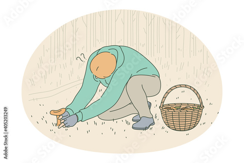 Searching and collecting mushrooms concept. Young man guy cartoon character sitting and picking up edible mushroom in forest in autumn to basket. Recreation hobby, activity, leisure lifestyle