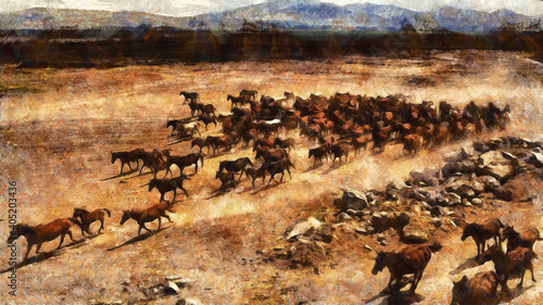 A herd of wild running horses. Artistic work on the theme of animals © Black Morion