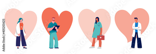 Doctors and nurses concept design - group of medical professionals on a heart background