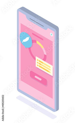 Isometric 3d illustration. Online consultation with doctor at distance in internet. Medical app, stomach control. Controlling health with virtual medical application. Isolated smartphone, online help