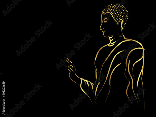 Golden buddha standing brush painting over black background