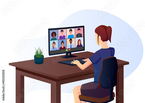 Girl attending online metting through group call Premium Vector