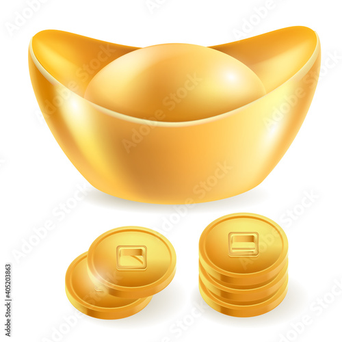 Chinese gold ingot isolated elements. Vector illustrations.