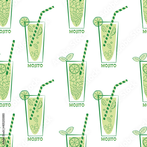 Mojito glass and straw vector seamless pattern background. Retro green white backdrop with drink glasses, straws, citrus fruit, mint leaves and cocktail name. Fun beverage repeat for summer party