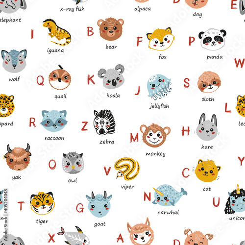 Cartoon Cute Animal Alphabet Seamless Pattern. Funny Baby Animals Faces and Doodle Letters and Names. Childish Vector ABC Background
