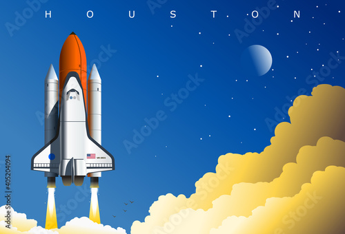 American space shuttle launch, symbolic illustration, Houston, TX, USA. Concept art poster dedicated to space exploration and the US space program.
