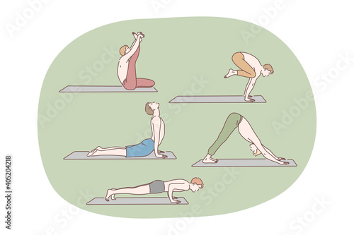 Yoga, pilates, workout concept. Young happy men cartoon character exercising and practicing yoga doing asana and meditation on fitness mat at home vector illustration 