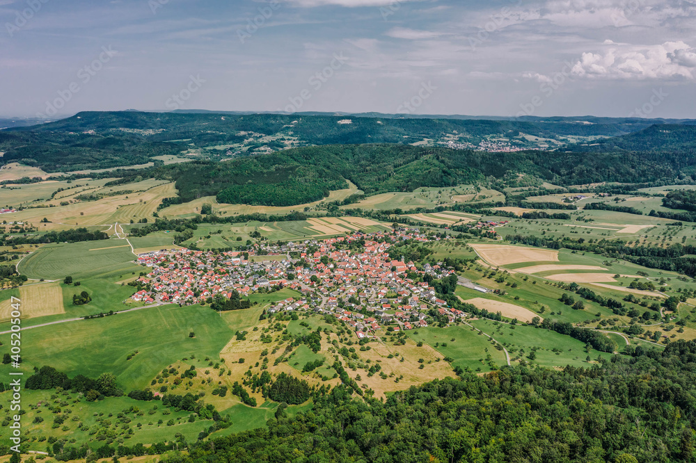 Aerial drone shot of Village Boll near Burg Hohenzollern in Germany