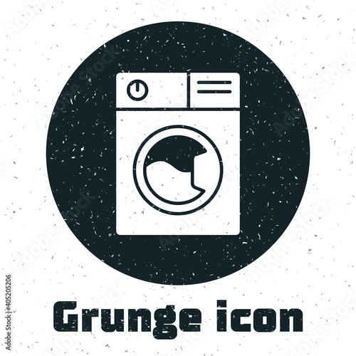 Grunge Washer icon isolated on white background. Washing machine icon. Clothes washer - laundry machine. Home appliance symbol. Monochrome vintage drawing. Vector.