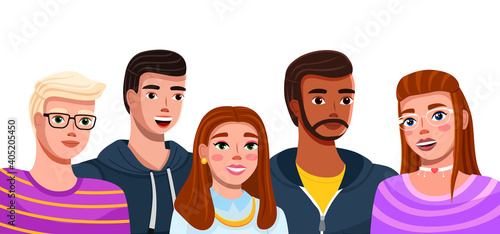 Group of fashion cartoon young people. Teenagers boys and girls standing together isolated on white. Students of different nationalities and skin colors. Friendly company portrait vector illustration