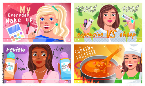 Video bloggers set. Beautiful young women creating, posting videos about style, cosmetics, hair-styling and care, make up, cooking food together. Screensaver of video tutorial for internet or blog
