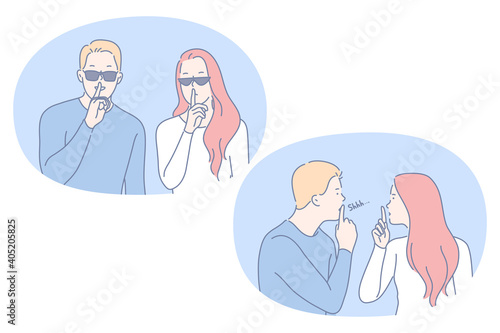 Silence, be quiet, secret concept. Young couple cartoon characters holding finger on lips showing silence sign and asking to be quiet and calm vector illustration 