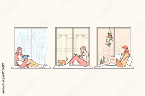 Staying at home during pandemic concept. Young women cartoon characters sitting on windowsill at home, reading, looking at window, thinking and enjoying leisure time vector illustration